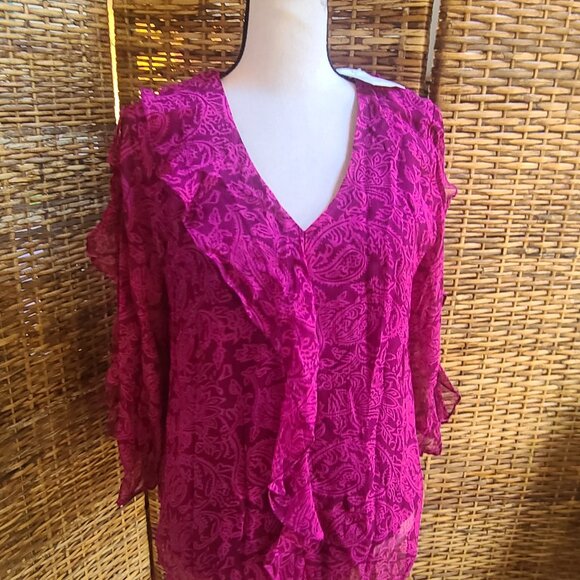 Soft Surroundings Chiffon Top NWT Dark Pink Sheer Lined SZ M High-Low Hem Ruffle - Picture 2 of 8